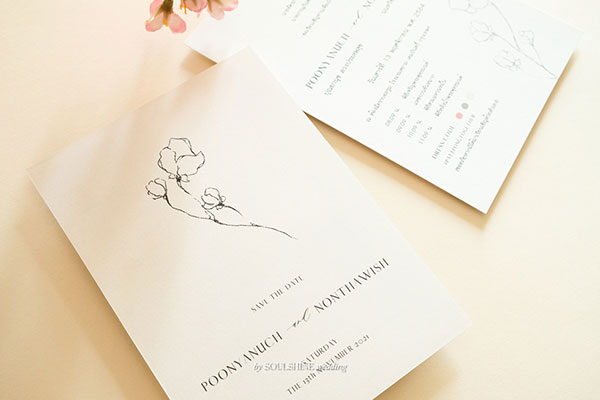 การ์ดแต่งงานมินิมอล minimal การ์ดงานแต่งโทนสีชมพู ลายเส้นดอกไม้ ซองการ์ดแต่งงานสีชมพูพีชอ่อน